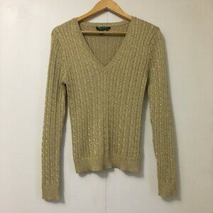 Ralph Lauren Silk Golden Cable Knit V-Neck Festive Sweater